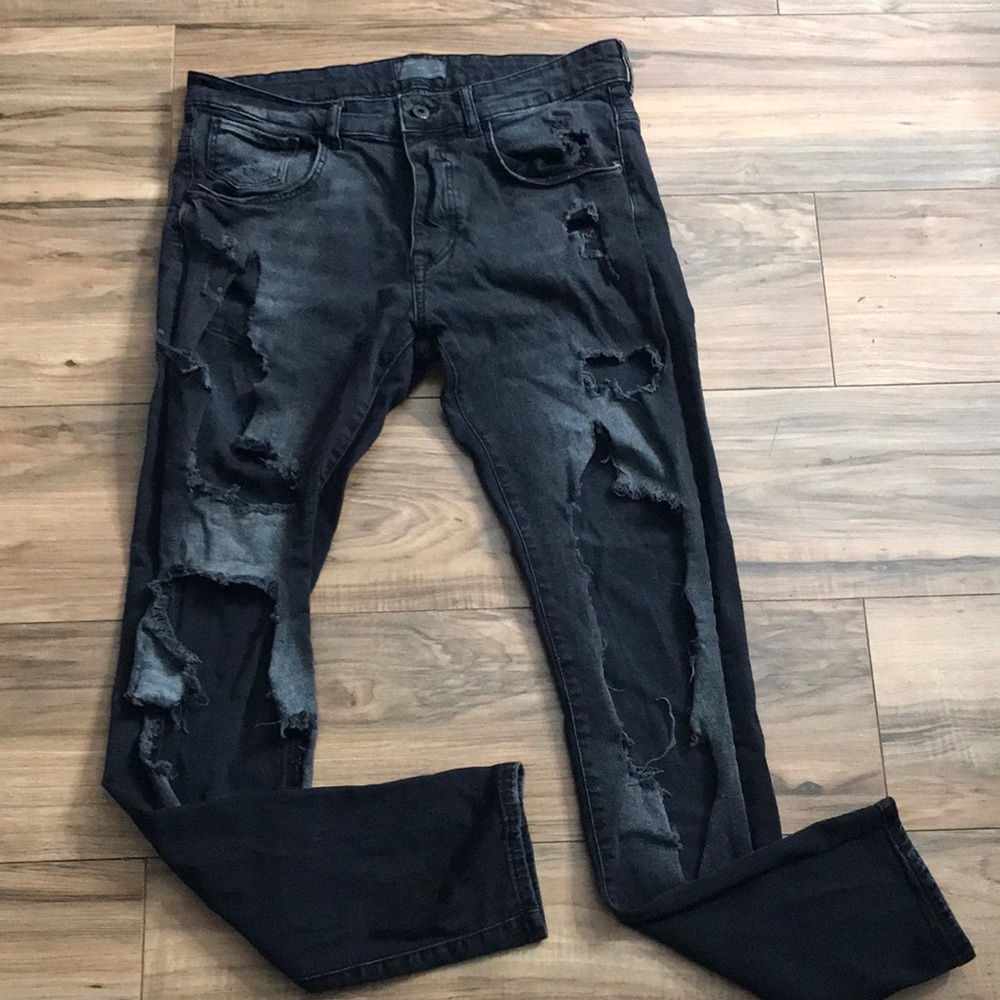 Zara black denim jeans distressed cut out size 32